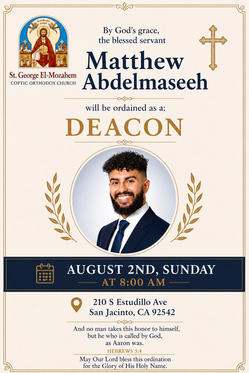 Event flyer — Ordination of Matthew Abdelmaseeh as Deacon